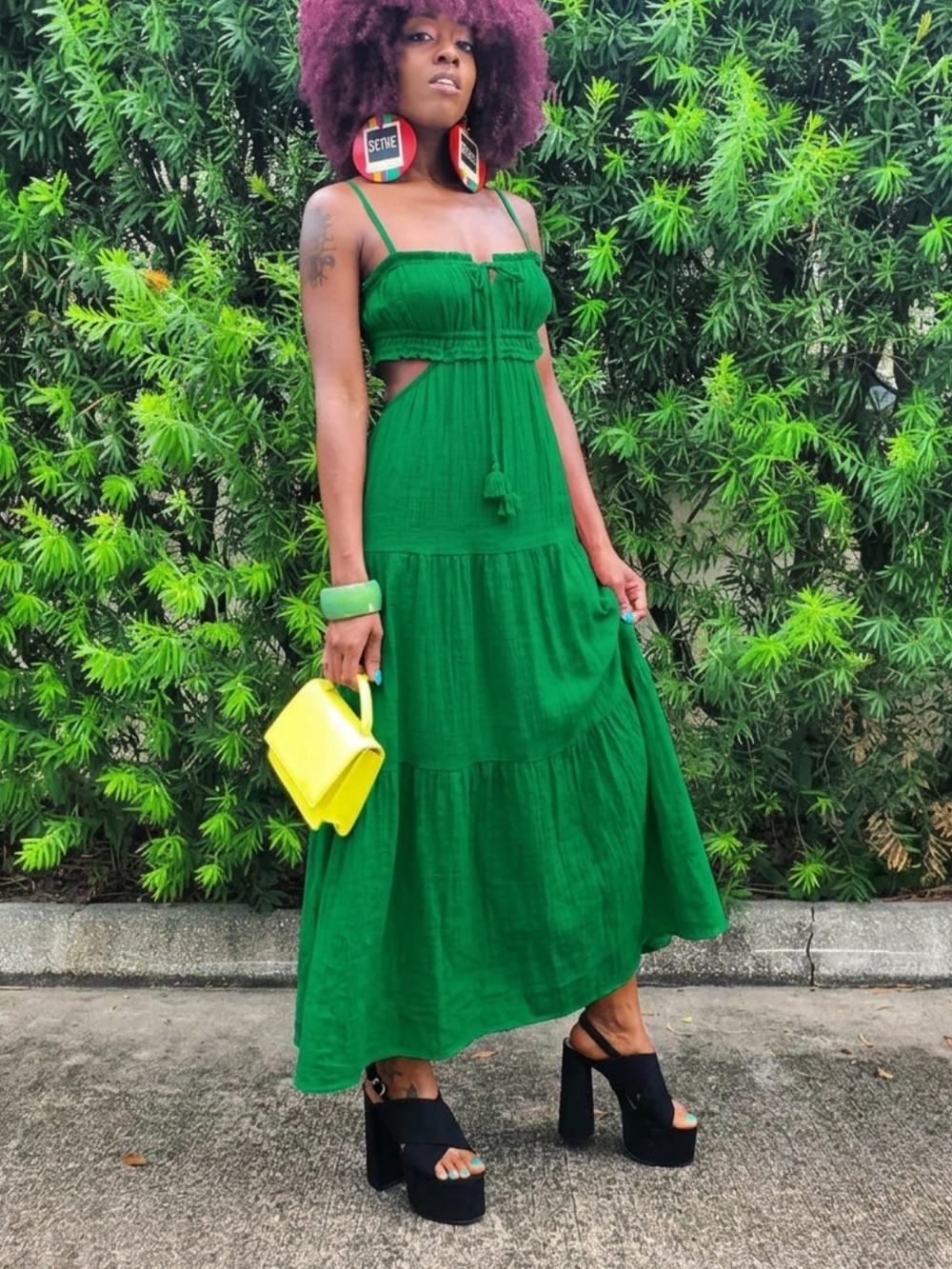 Sleeveless Green Cutout Tiered Maxi Dress